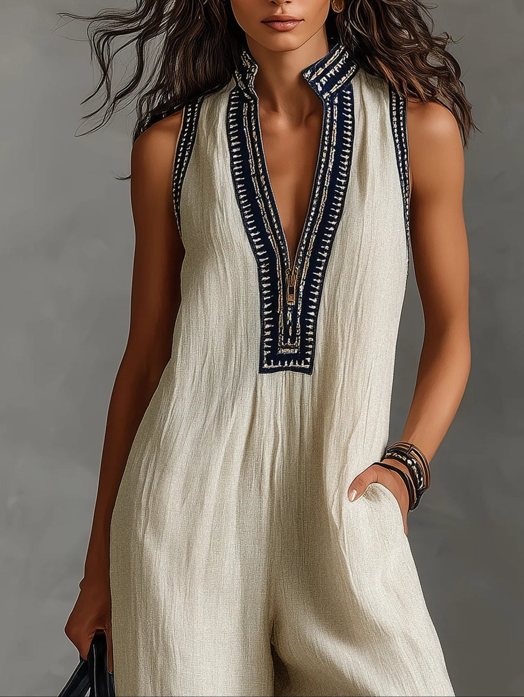 Minimalist Sleeveless Jumpsuit with Stand-Up Collar and Zipper