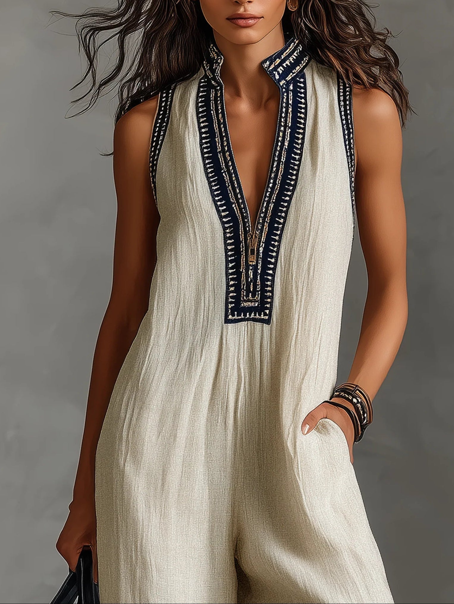 Minimalist Sleeveless Jumpsuit with Stand-Up Collar and Zipper