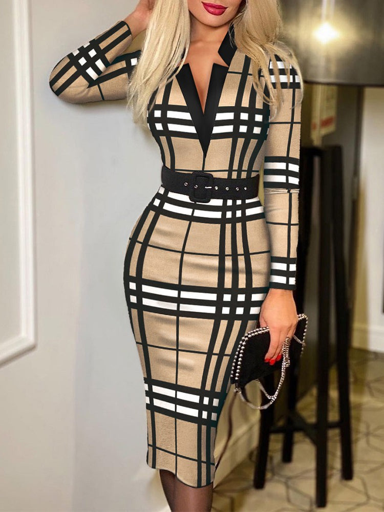 Stylish Plaid V-Neck Bodycon Long-Sleeved Sexy Dress (Belt Included)