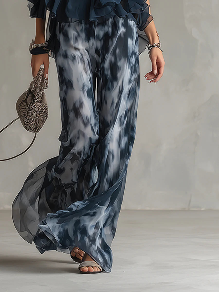 Navy Halter-Neck Top and Printed Wide-Leg Pants Chiffon Set