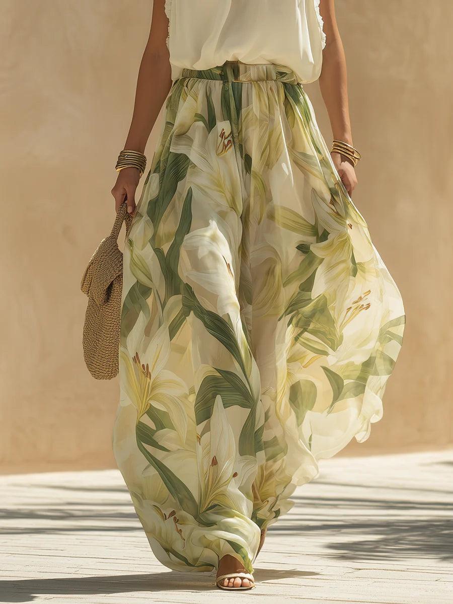 Vacation Chiffon Ruffled Sleeveless Top and Lily Print Pants Set