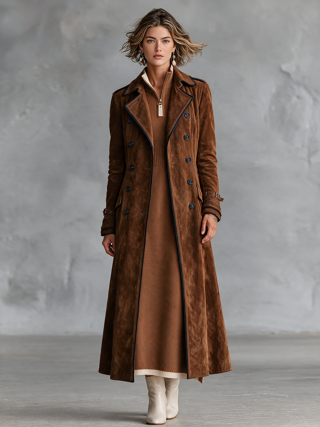 Women's Retro Color-Block Raglan-Sleeve Maxi Dress With Trim And Zip-Up Stand Collar MDZ2180H2WY