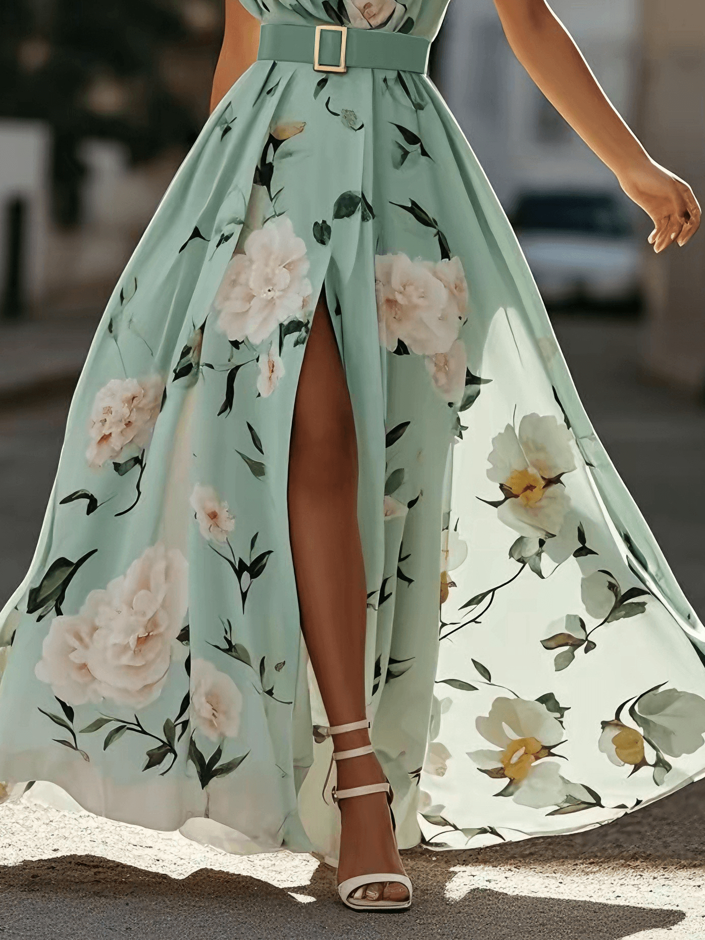 Light Green Floral One Shoulder Ruffled Chiffon A-Line Maxi Dress