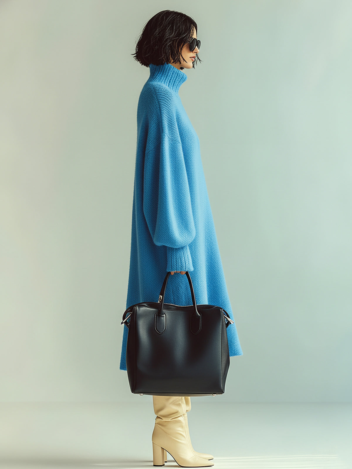 Chic Casual Blue Turtle Neck Oversized Long Sleeve Knit Midi Dress