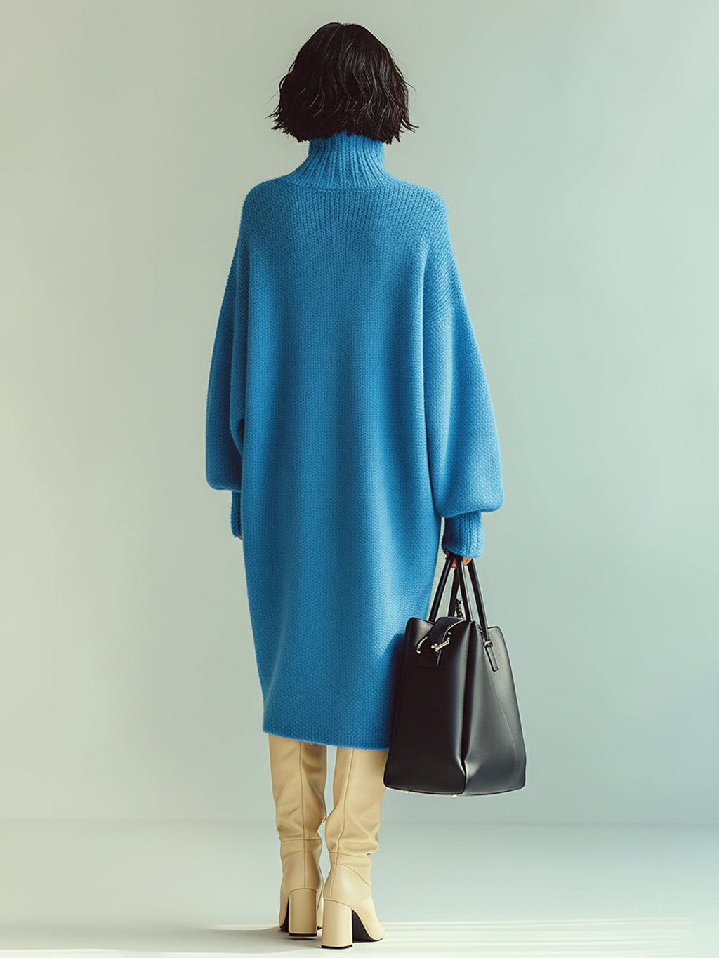 Chic Casual Blue Turtle Neck Oversized Long Sleeve Knit Midi Dress