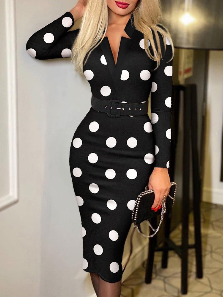 Stylish Plaid V-Neck Bodycon Long-Sleeved Sexy Dress (Belt Included)