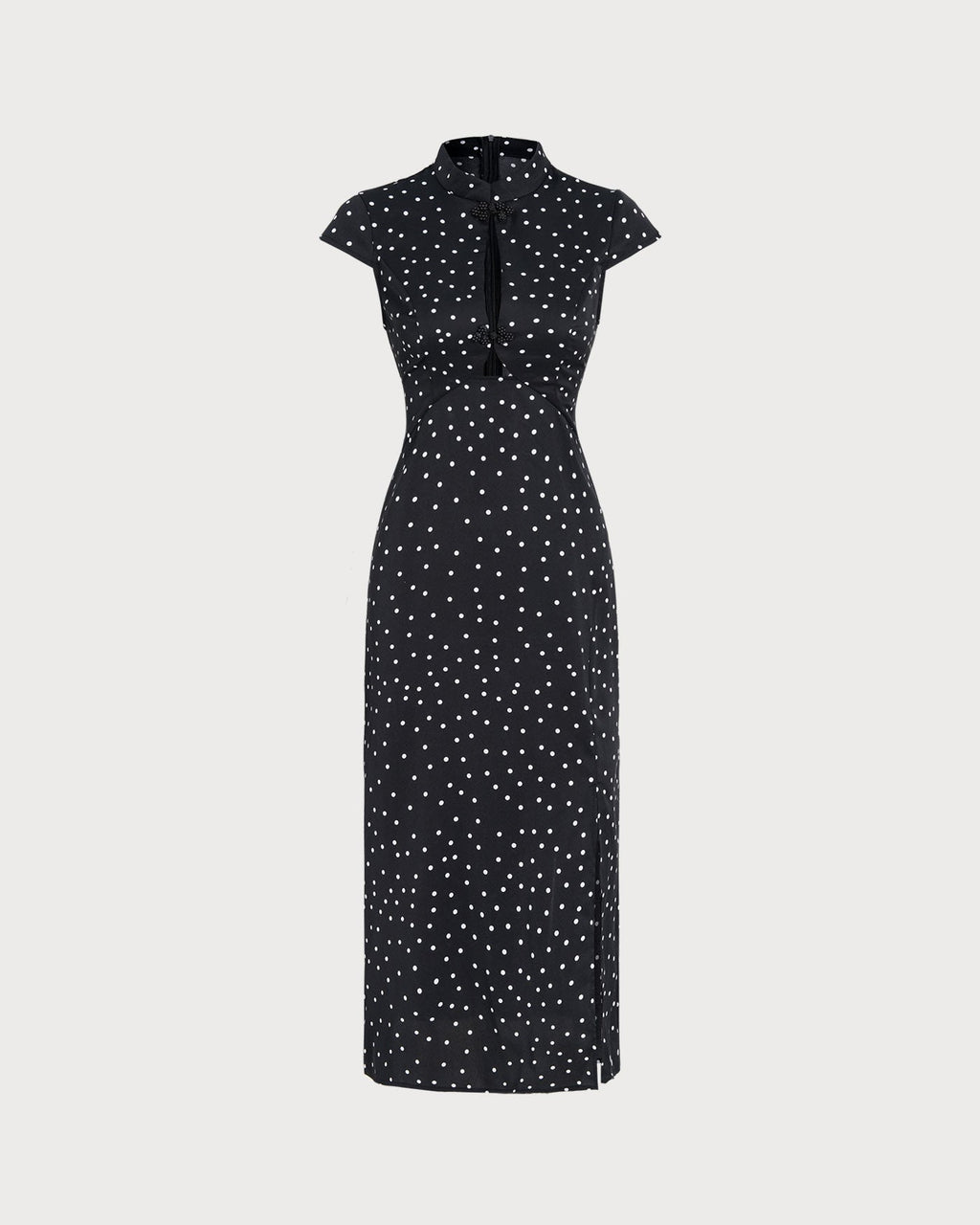 Black Polka Dot Midi Dress with Mandarin Collar