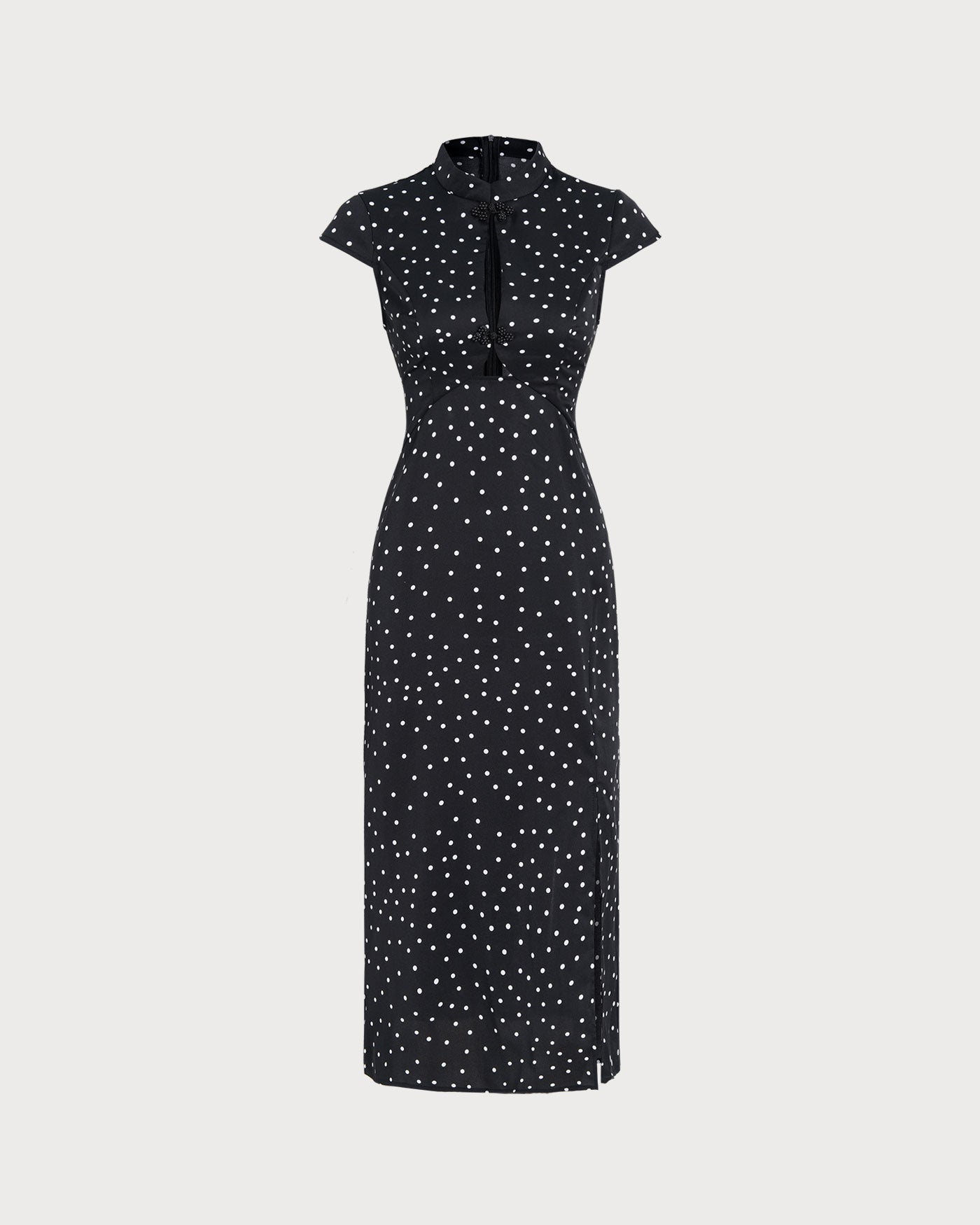 Black Polka Dot Midi Dress with Mandarin Collar
