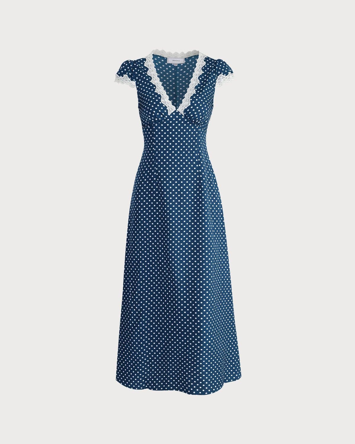 Navy Blue Polka Dot and Lace Maxi Dress with Ruching