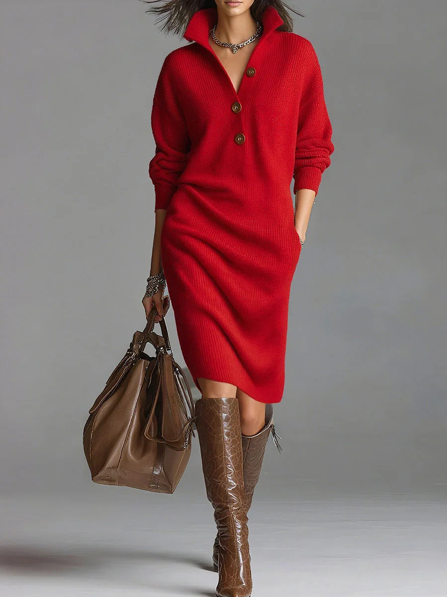 Solid color knit dress with a mandarin collar, long sleeves, and a loose fit