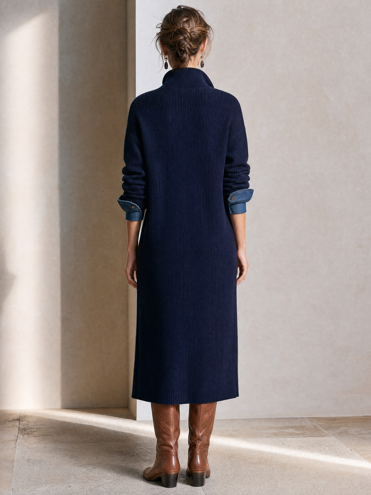 Elegant Navy Blue Knit Midi Dress With Denim-Trimmed Collar