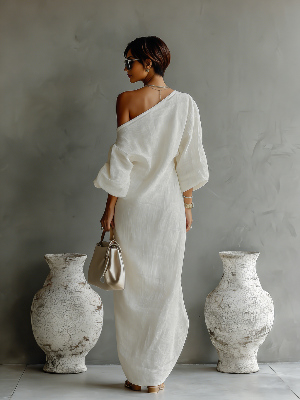 Elegant Flowing Dress in Ivory White with Off-Shoulder
