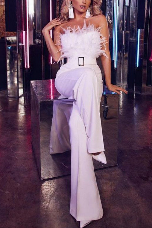Slim Sexy Strapless Feather Jumpsuit