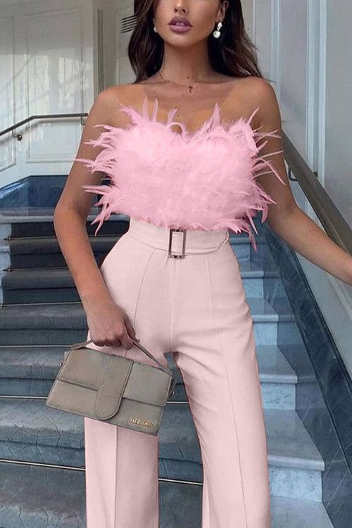 Slim Sexy Strapless Feather Jumpsuit