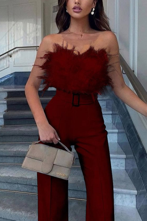 Slim Sexy Strapless Feather Jumpsuit
