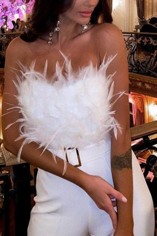 Slim Sexy Strapless Feather Jumpsuit