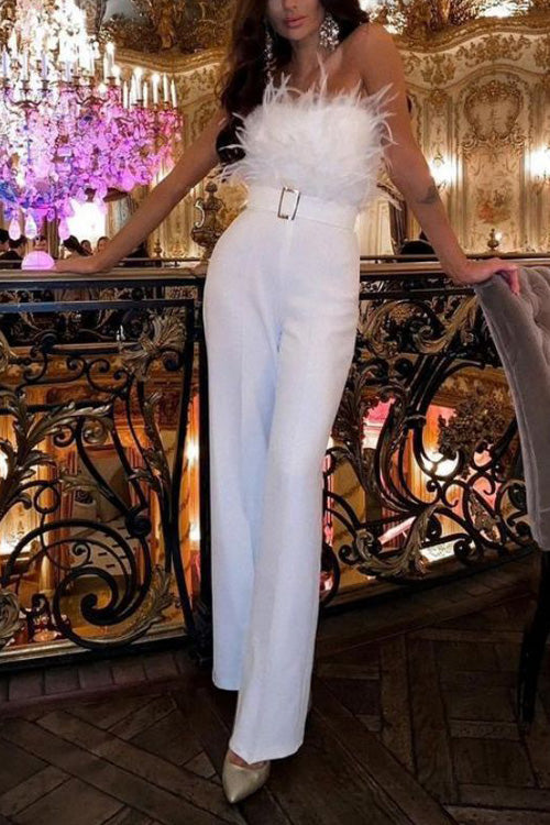 Slim Sexy Strapless Feather Jumpsuit