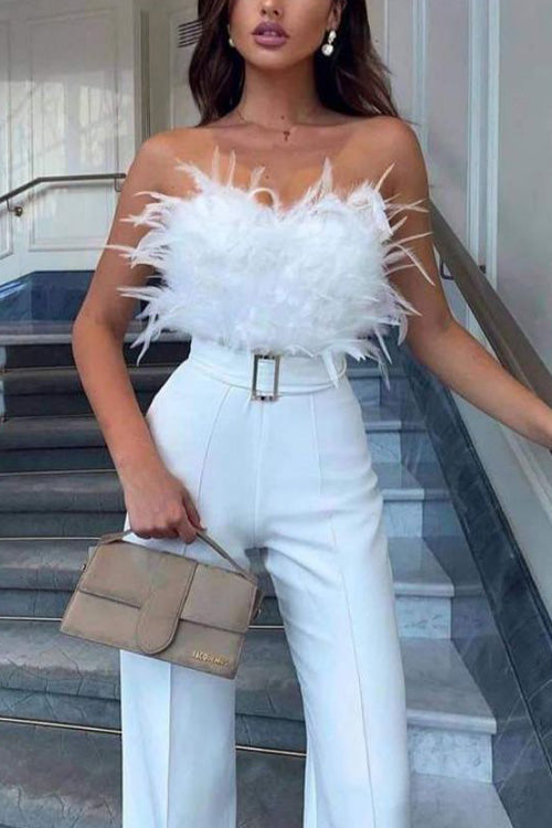 Slim Sexy Strapless Feather Jumpsuit