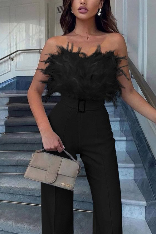 Slim Sexy Strapless Feather Jumpsuit