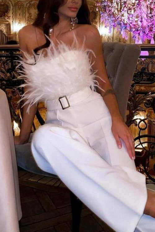 Slim Sexy Strapless Feather Jumpsuit