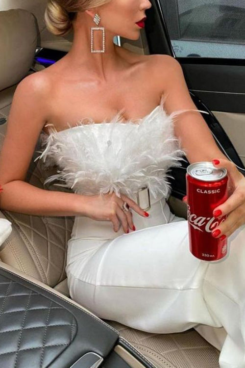 Slim Sexy Strapless Feather Jumpsuit