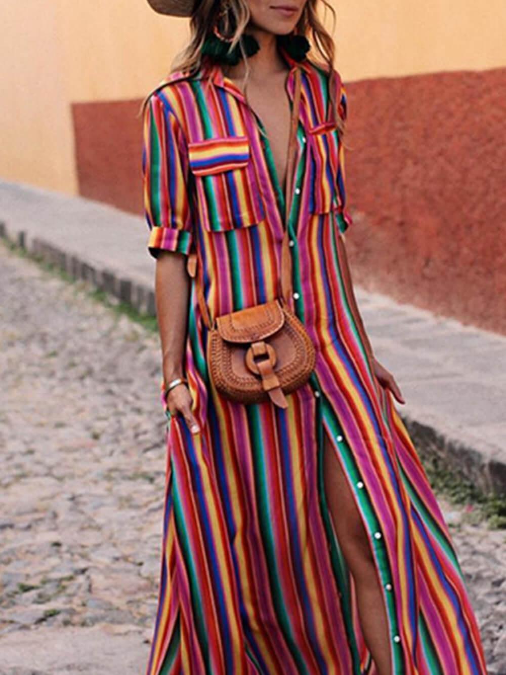 Casual Striped Printed Shirt and Maxi Skirt Set