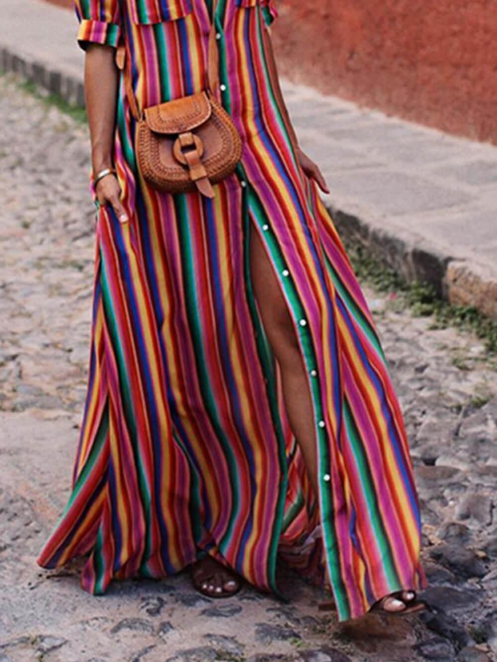 Casual Striped Printed Shirt and Maxi Skirt Set