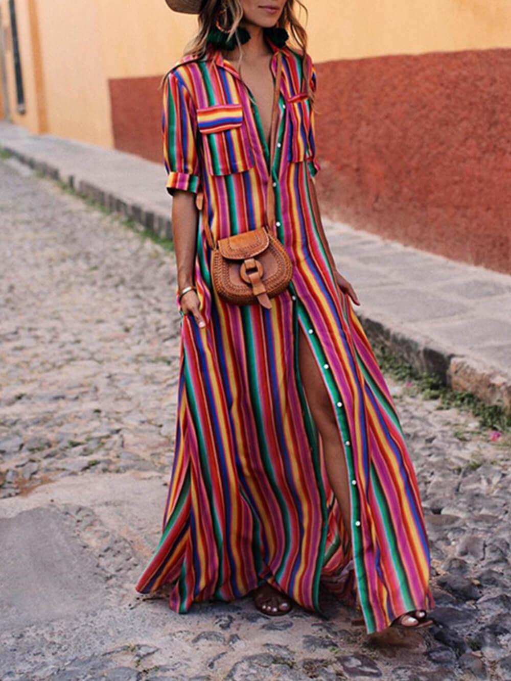 Casual Striped Printed Shirt and Maxi Skirt Set