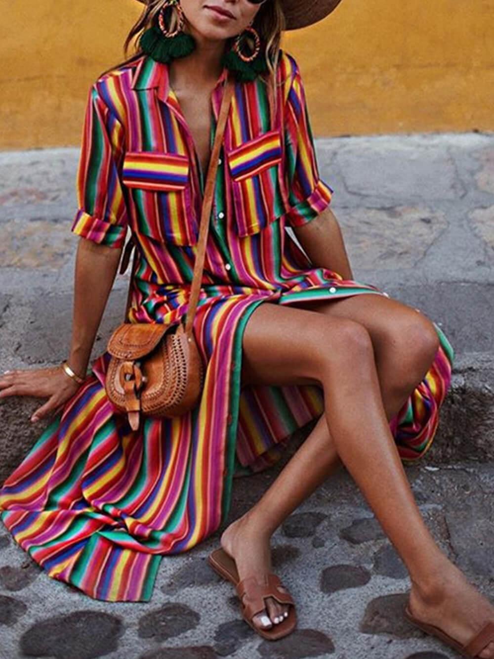Casual Striped Printed Shirt and Maxi Skirt Set