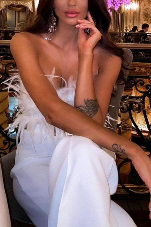 Slim Sexy Strapless Feather Jumpsuit