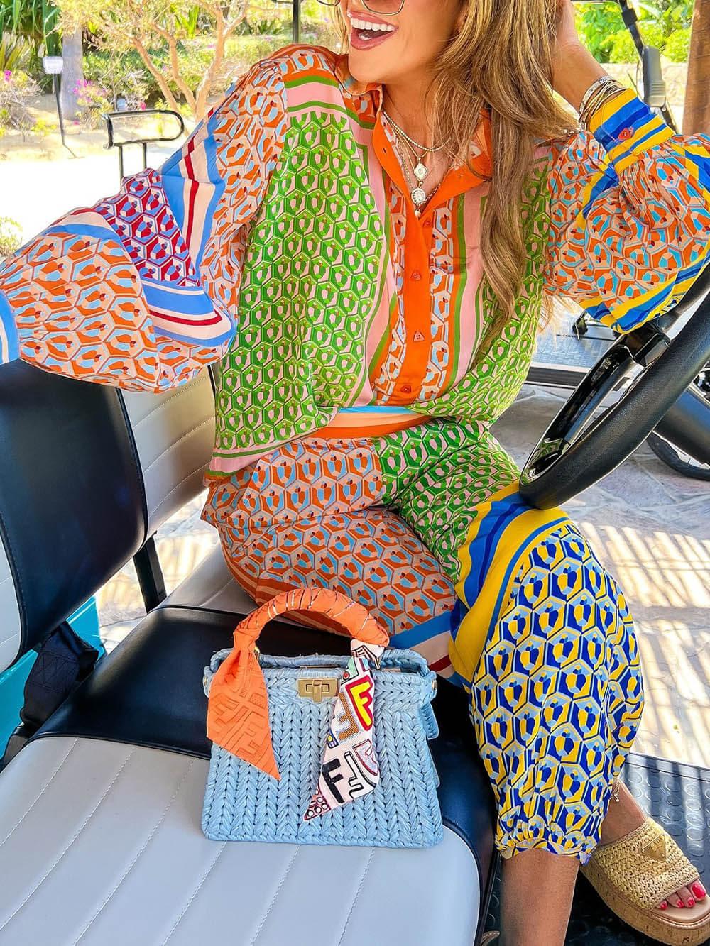 Colorful Unique Print Balloon-Sleeve Button Loose Shirt