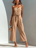 Chic Casual Camel Cotton-Linen Blend Strappy Sleeveless Zipper-Front Tie-Waist Wide-Leg Cropped Jumpsuit