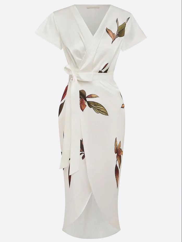 White Satin Leaf Print Short-Sleeve Midi Dress