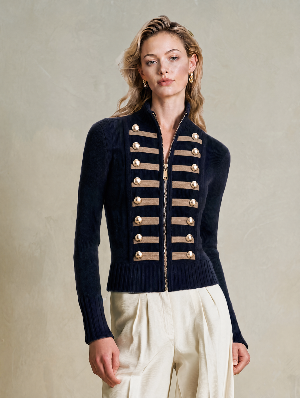 Elegant Navy & Light Brown Contrast Trim Knit Cardigan with Gold Buttons