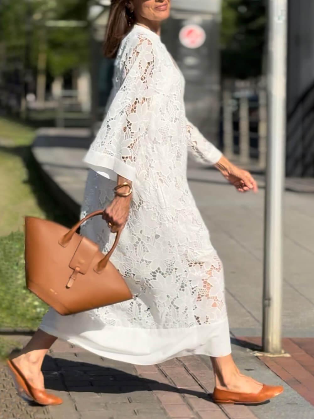 Flower Lace V-Neck Bell-Sleeve Loose Midi Dress