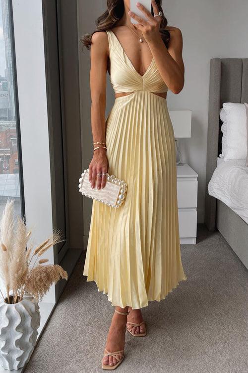 V-Neck Cut-Out Waist Sleeveless Pleated Maxi Dress