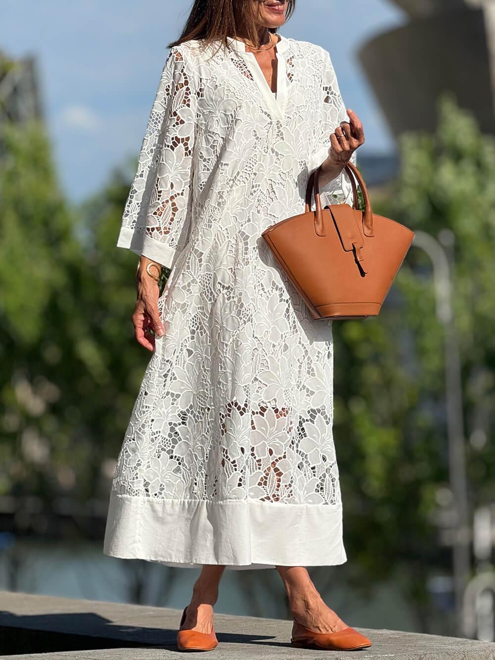 Flower Lace V-Neck Bell-Sleeve Loose Midi Dress