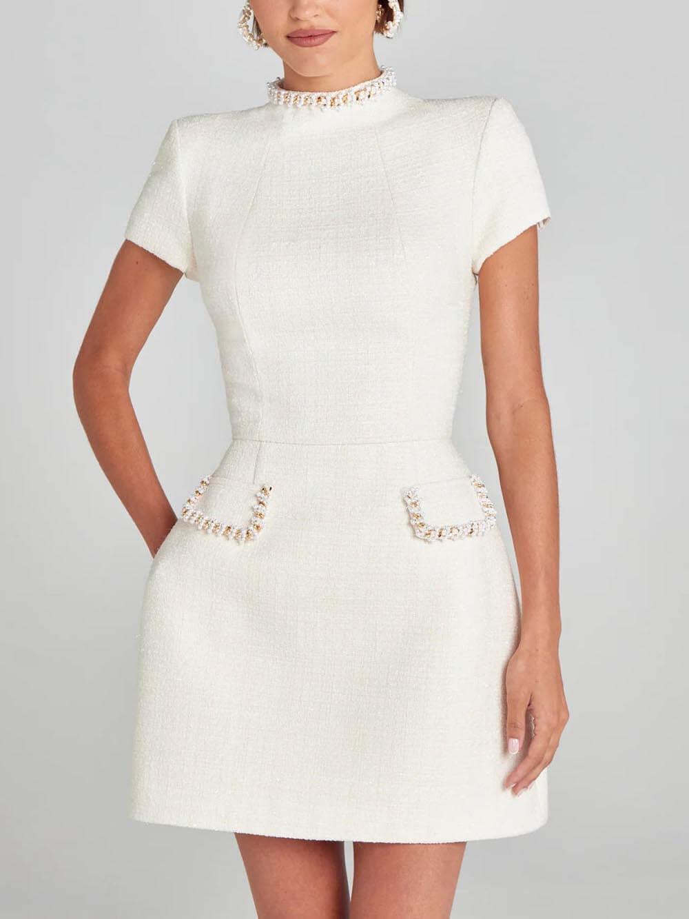 Exquisite and Playful Pearl-Trim Pocket Mini Dress