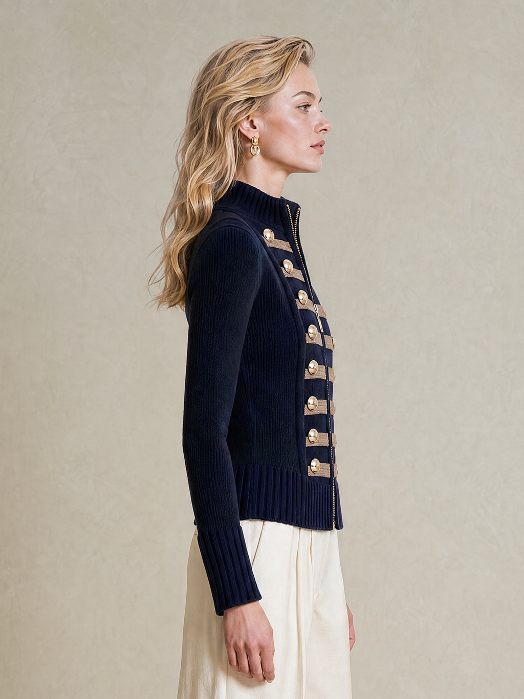 Elegant Navy & Light Brown Contrast Trim Knit Cardigan with Gold Buttons