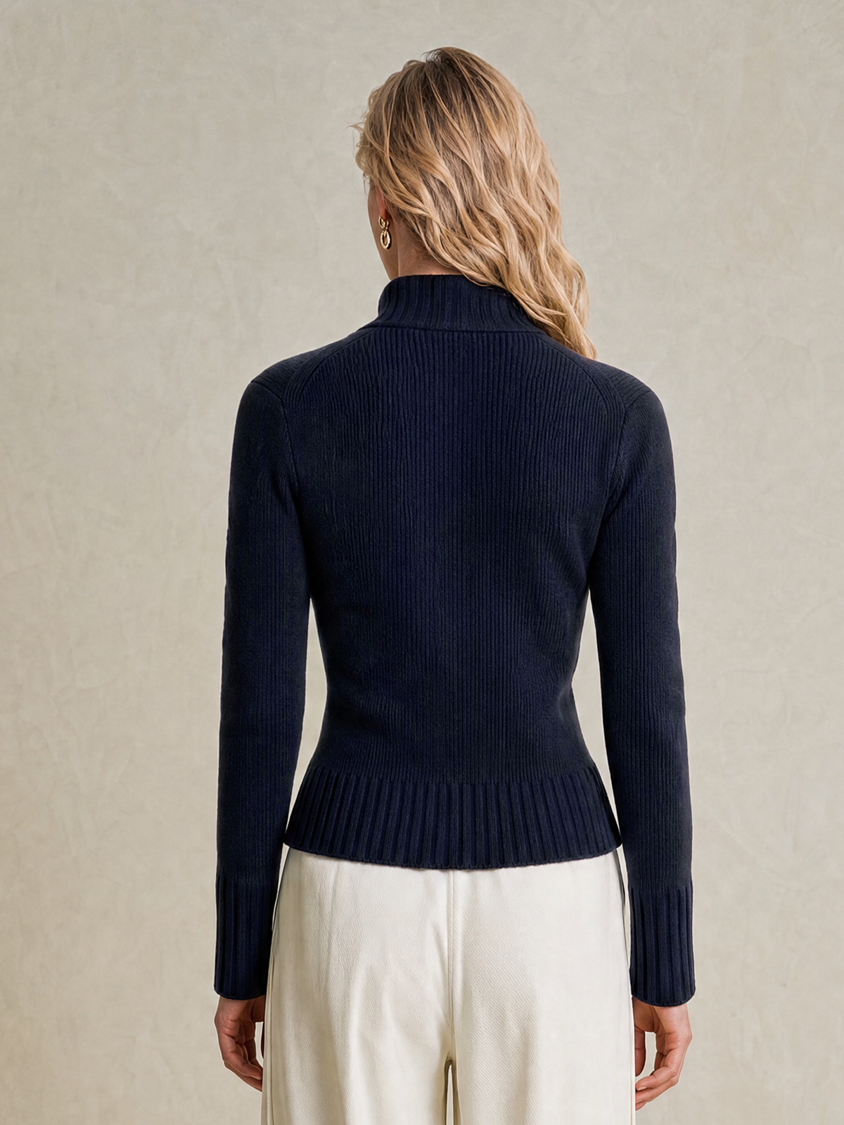 Elegant Navy & Light Brown Contrast Trim Knit Cardigan with Gold Buttons