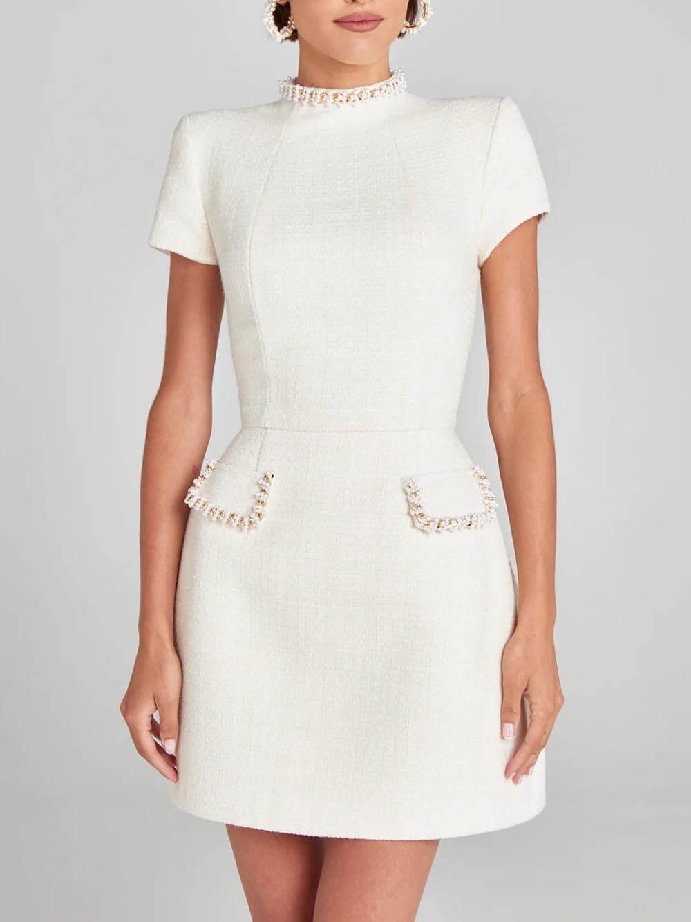 Exquisite and Playful Pearl-Trim Pocket Mini Dress