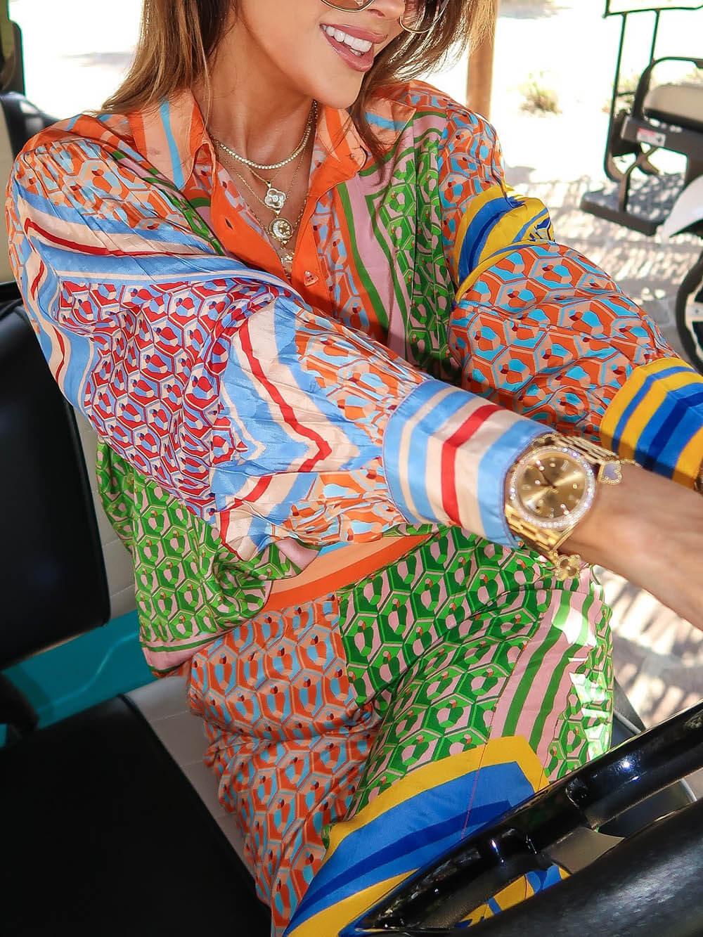 Colorful Unique Print Balloon-Sleeve Button Loose Shirt