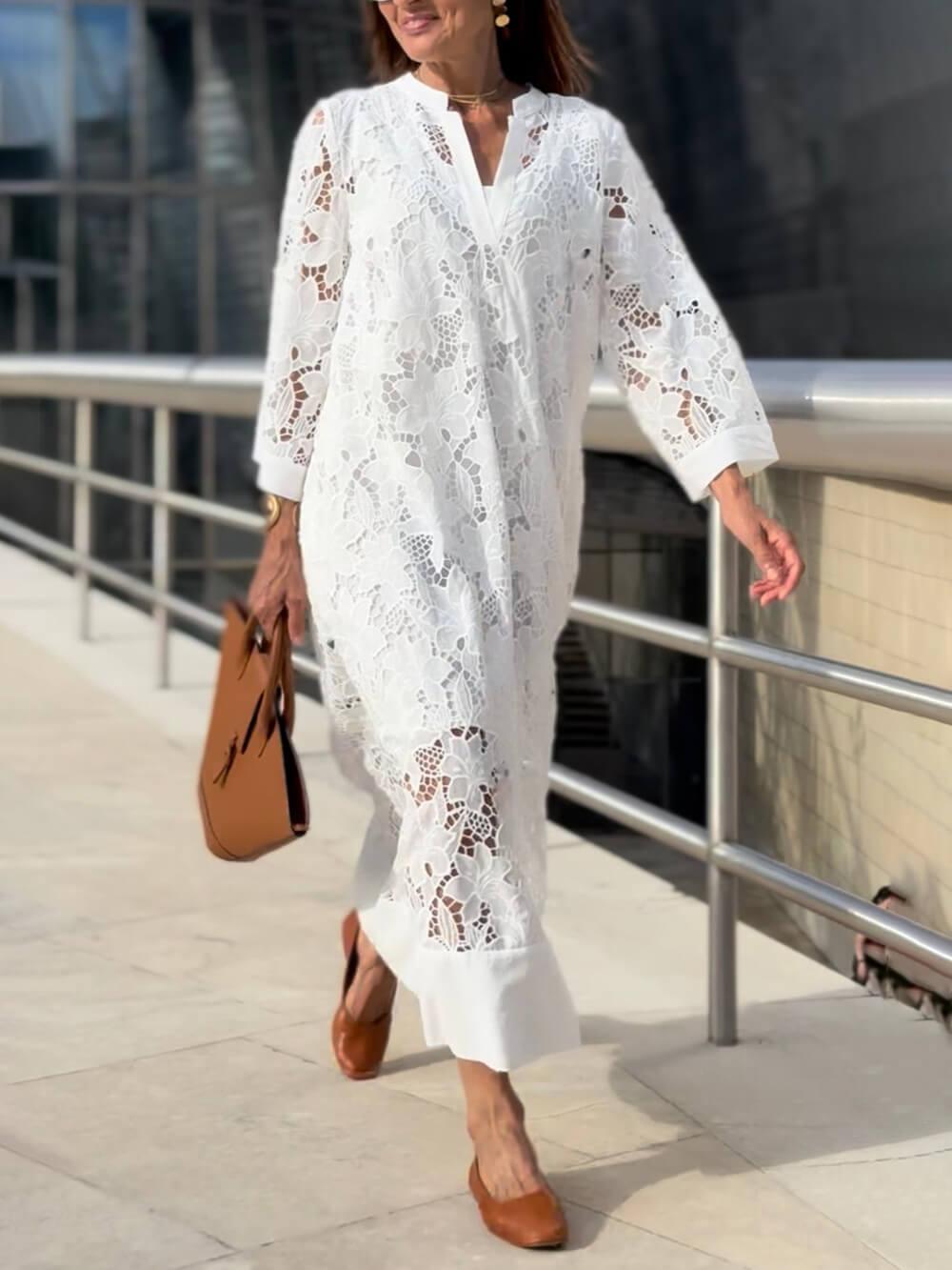 Flower Lace V-Neck Bell-Sleeve Loose Midi Dress
