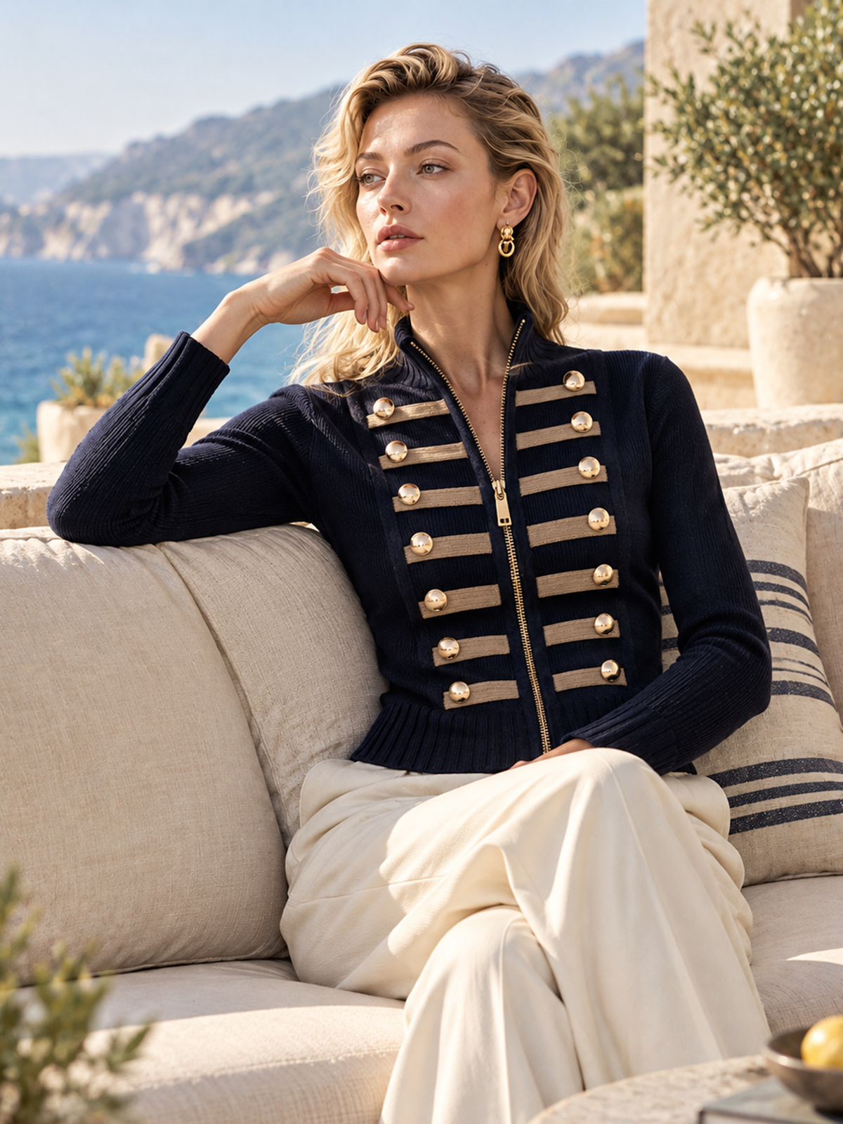 Elegant Navy & Light Brown Contrast Trim Knit Cardigan with Gold Buttons