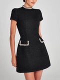 Exquisite and Playful Pearl-Trim Pocket Mini Dress