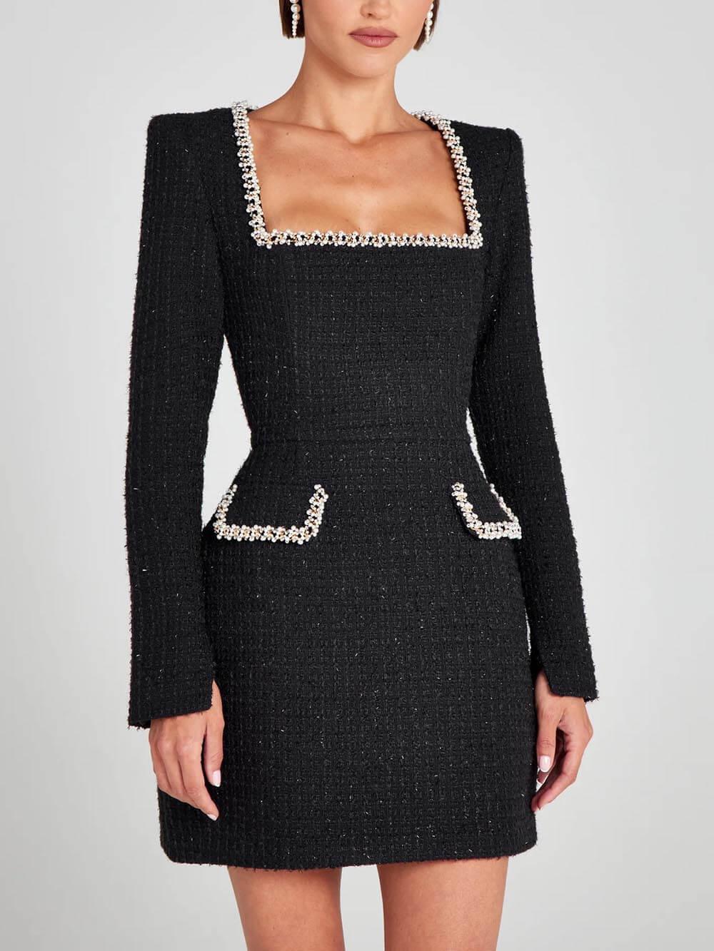 Exquisite and Playful Pearl-Trim Pocket Mini Dress