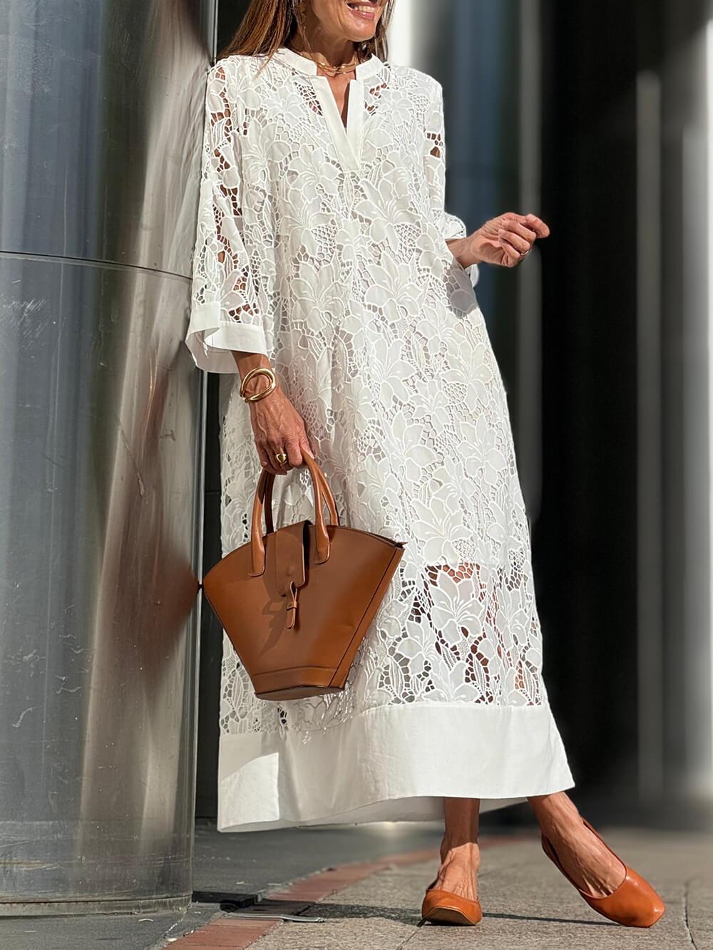 Flower Lace V-Neck Bell-Sleeve Loose Midi Dress