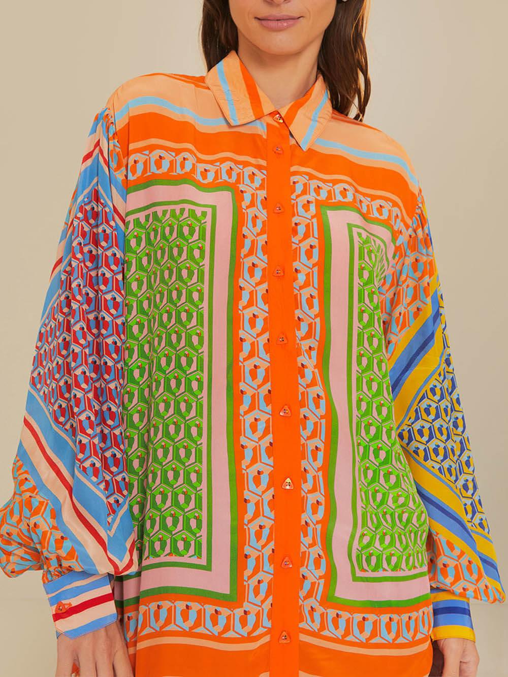 Colorful Unique Print Balloon-Sleeve Button Loose Shirt