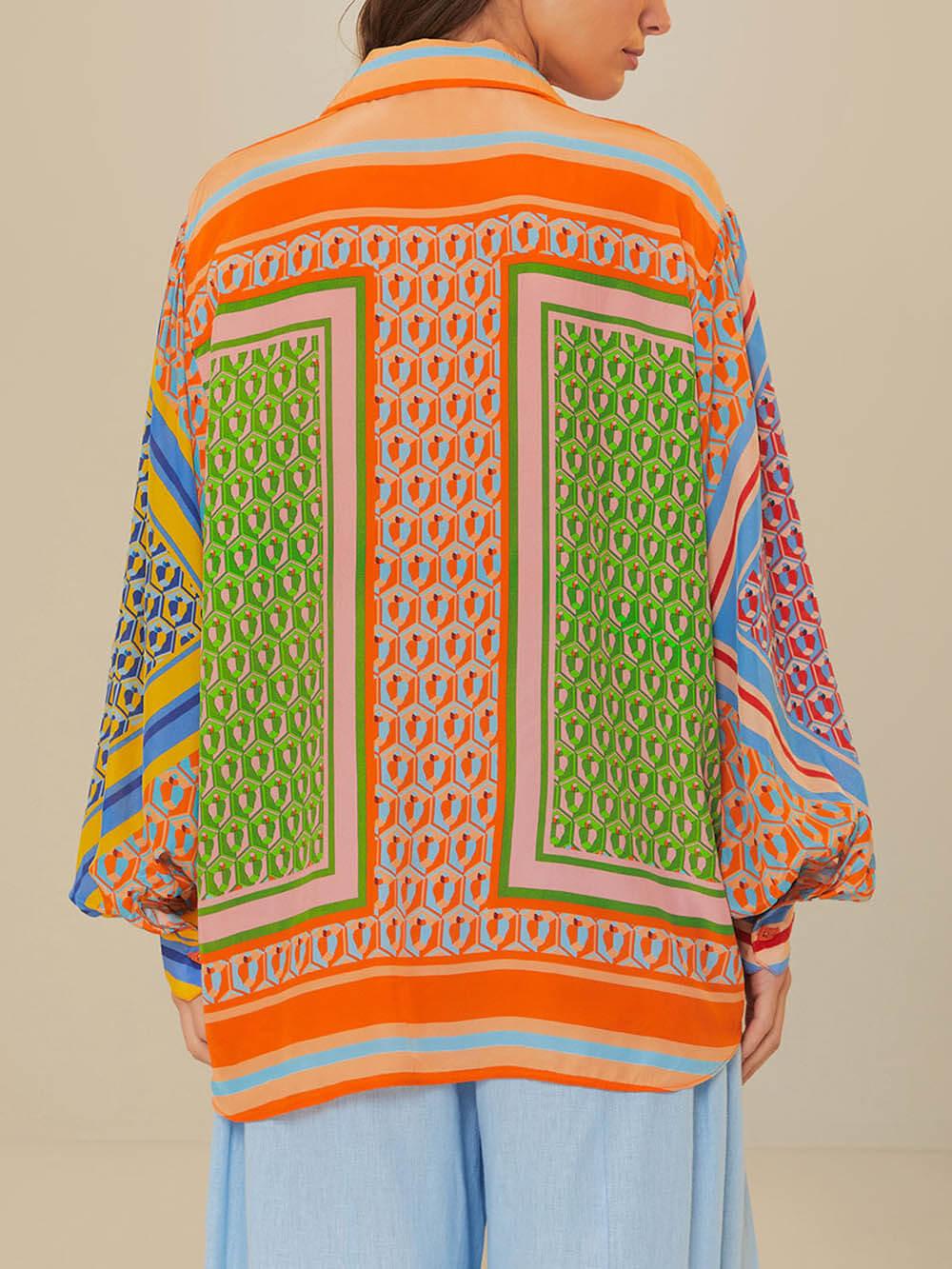 Colorful Unique Print Balloon-Sleeve Button Loose Shirt