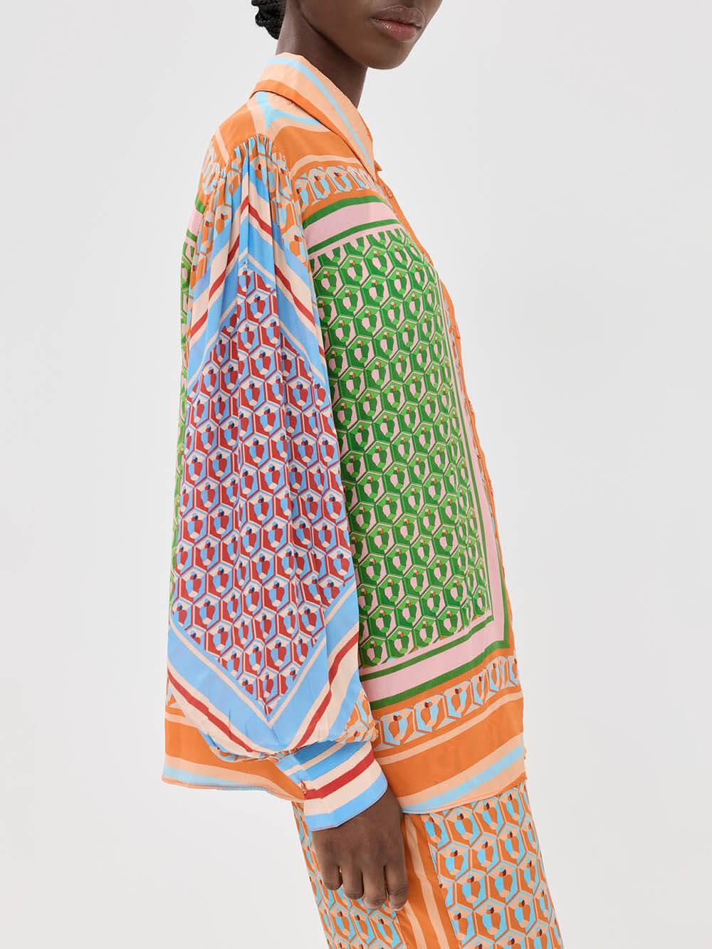 Colorful Unique Print Balloon-Sleeve Button Loose Shirt